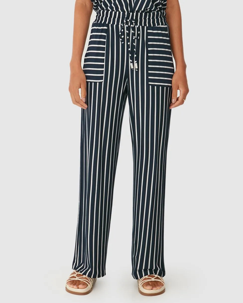 Calça Wide Leg Feminina Bolso Frontal Em Malha Viscose Listrada - 131490