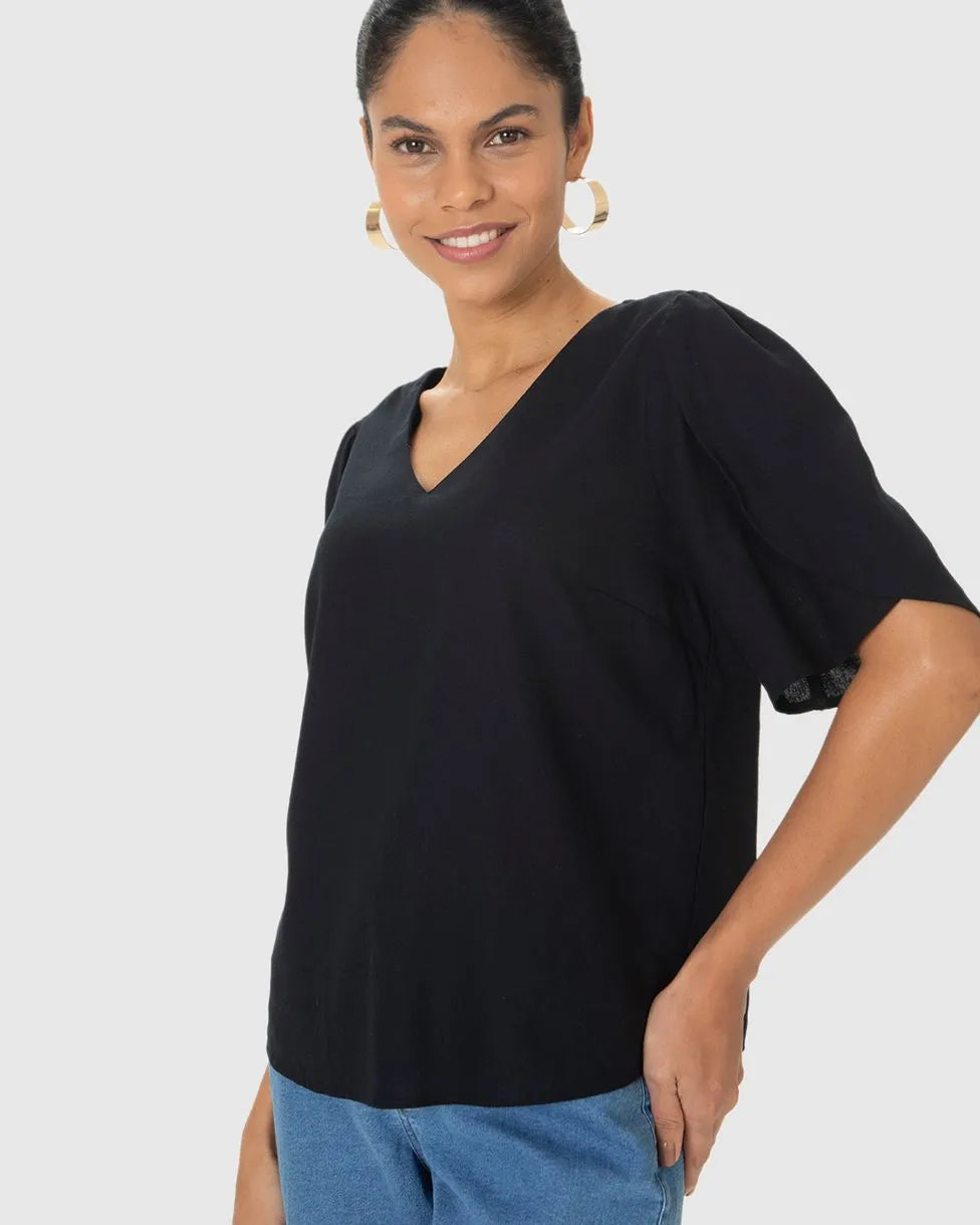 Blusa Box Feminina Decote V Fenda Lateral Em Viscolinho - 127737