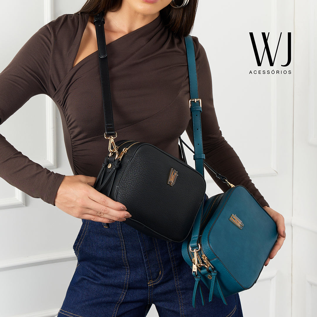 Bolsa Transversal Media Com Metal Resinado Monocolor Preta/Azul - WJ Acessórios- 46137