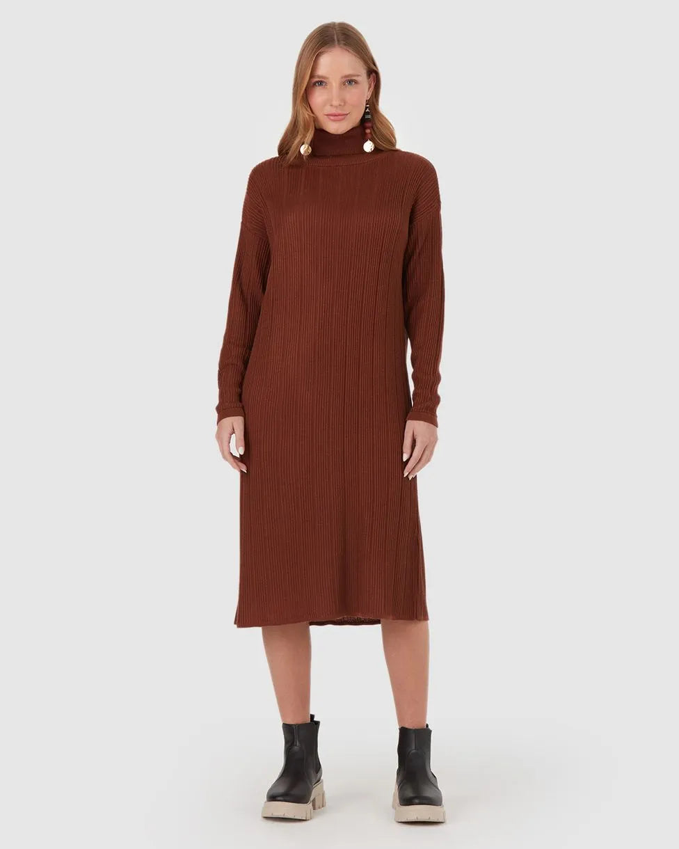 Vestido Amplo Feminino Gola Alta Em Tricô Canelado -Malwee- 103720