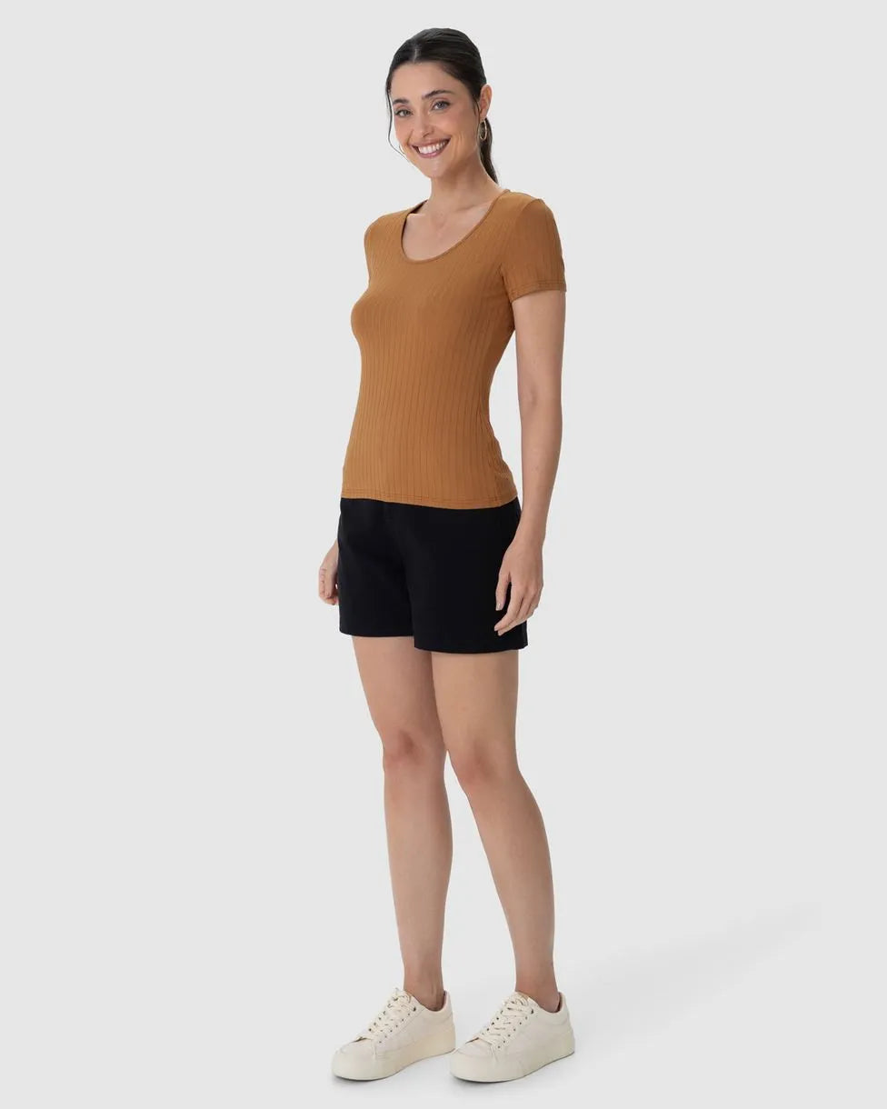 Blusa Básica Feminina Manga Curta Em Canelado - 50615