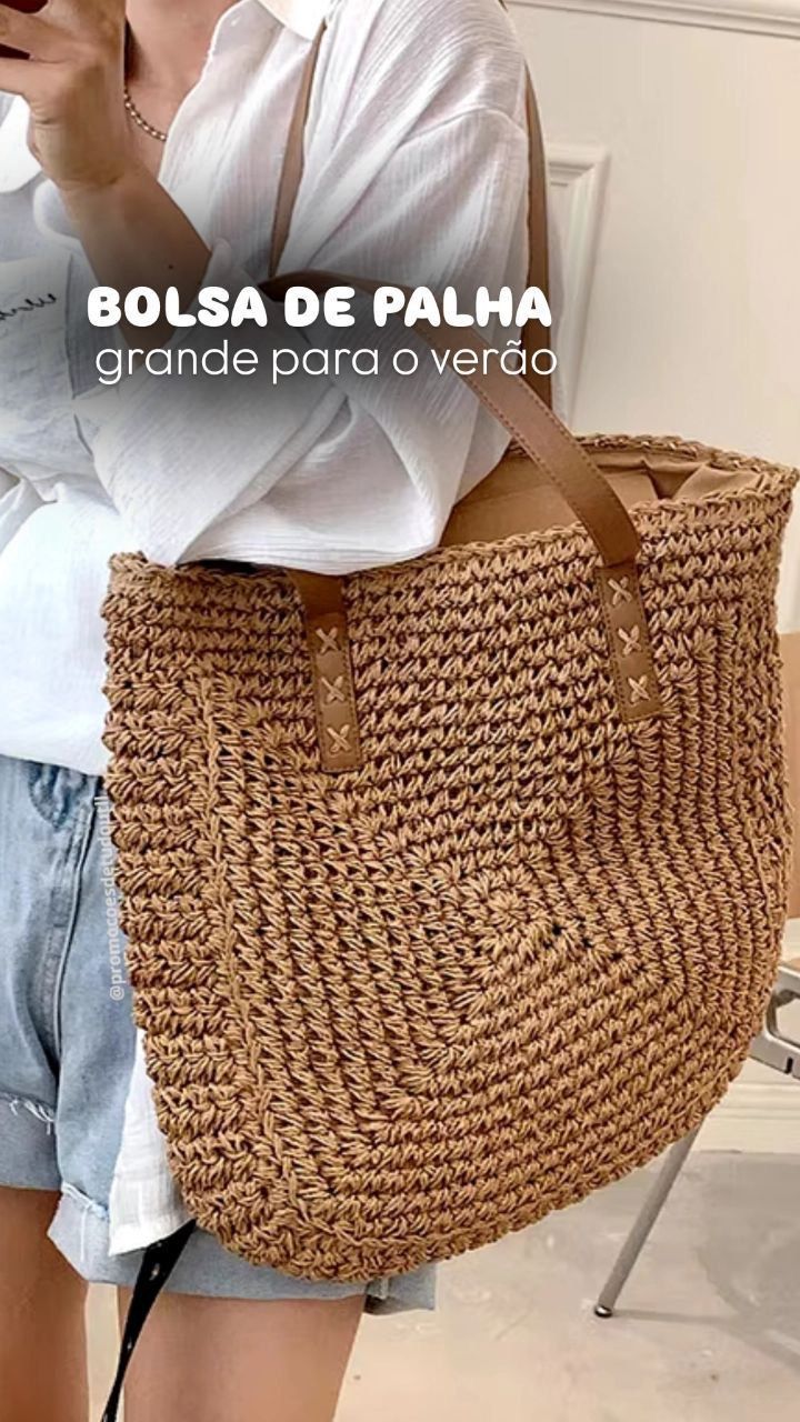 Bolsa Saco Minimalista Em palha Com Alças de Couro Sintético