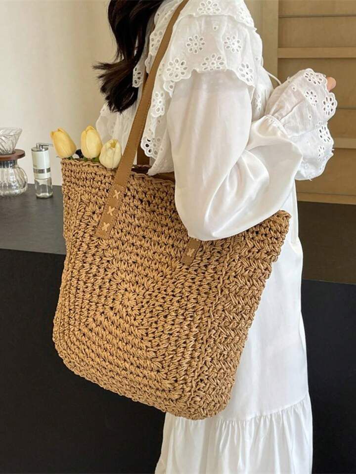 Bolsa Saco Minimalista Em palha Com Alças de Couro Sintético