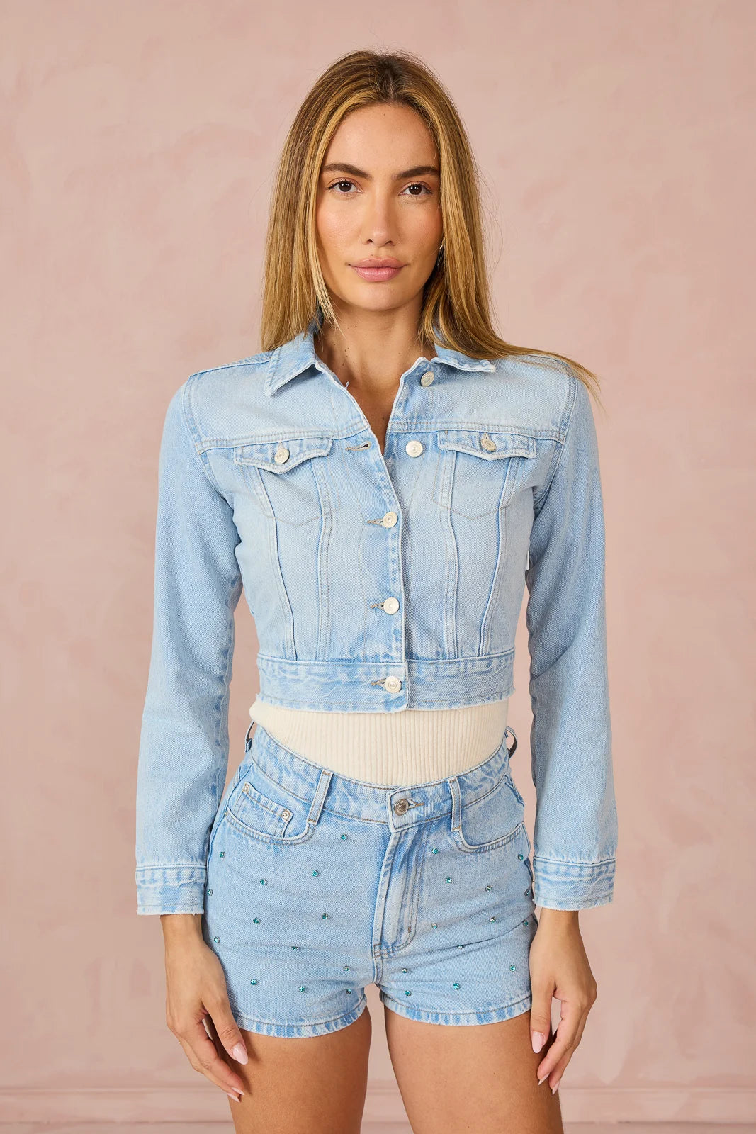 Jaqueta Denin Zero Regular Cropped Manga Longa DZ9245