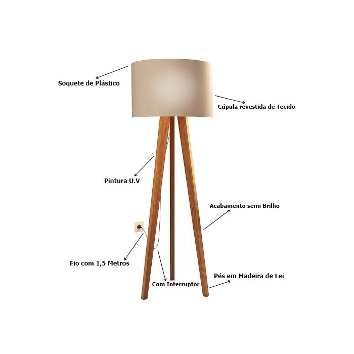 Luminária De Chão Madri Com Cúpula Tecido Tramê Bege