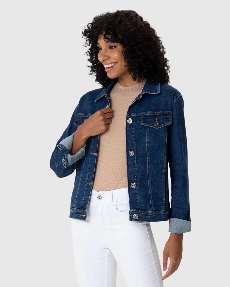 Jaqueta Feminina Lapela Decorativa Em Jeans Com Elastano- MALWEE- 117784