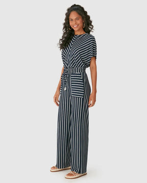 Calça Wide Leg Feminina Bolso Frontal Em Malha Viscose Listrada - 131490