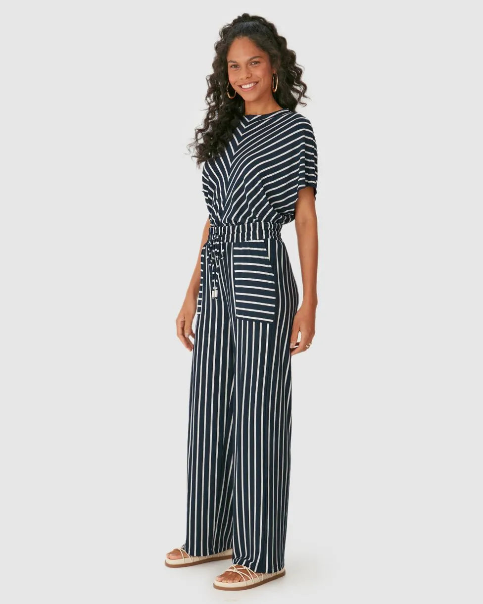 Calça Wide Leg Feminina Bolso Frontal Em Malha Viscose Listrada - 131490