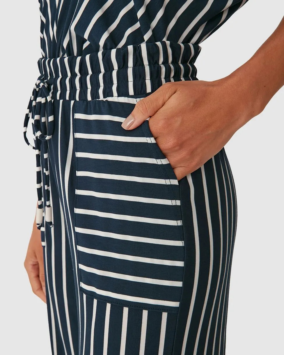 Calça Wide Leg Feminina Bolso Frontal Em Malha Viscose Listrada - 131490