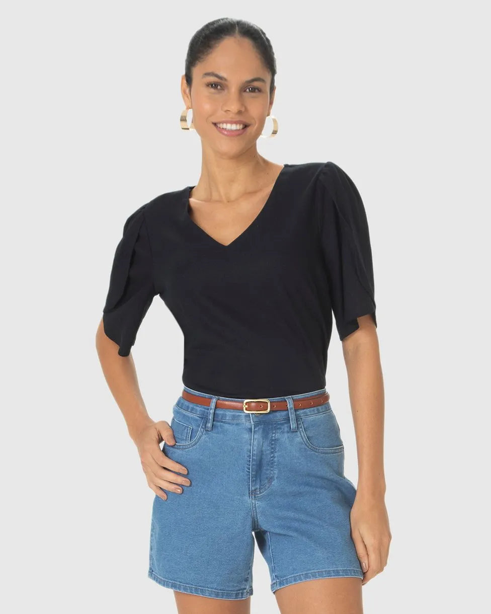 Blusa Box Feminina Decote V Fenda Lateral Em Viscolinho - 127737