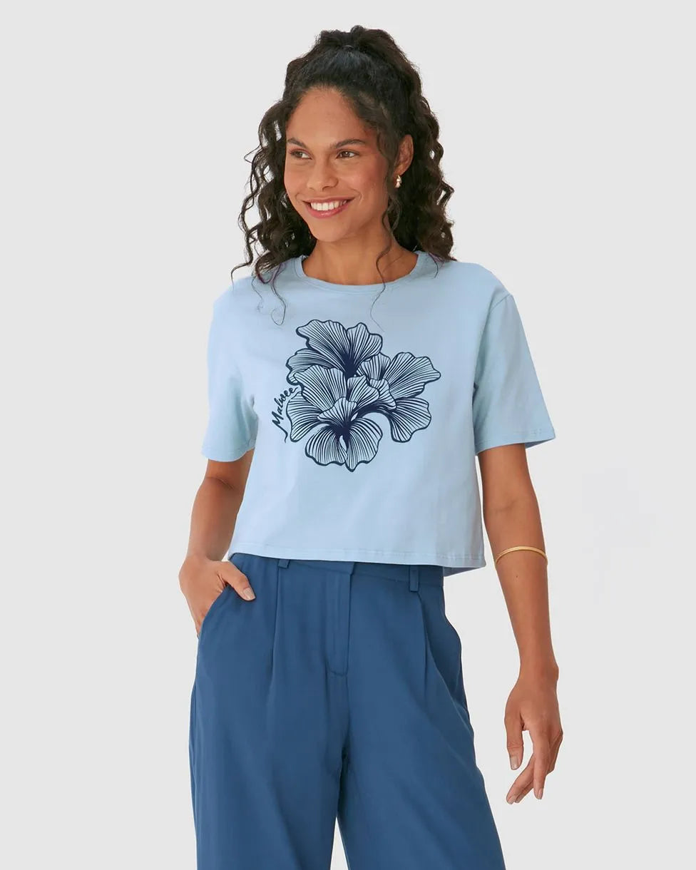 Camiseta Cropped Estampa Alto Relevo Flor Em Algodão - 129539