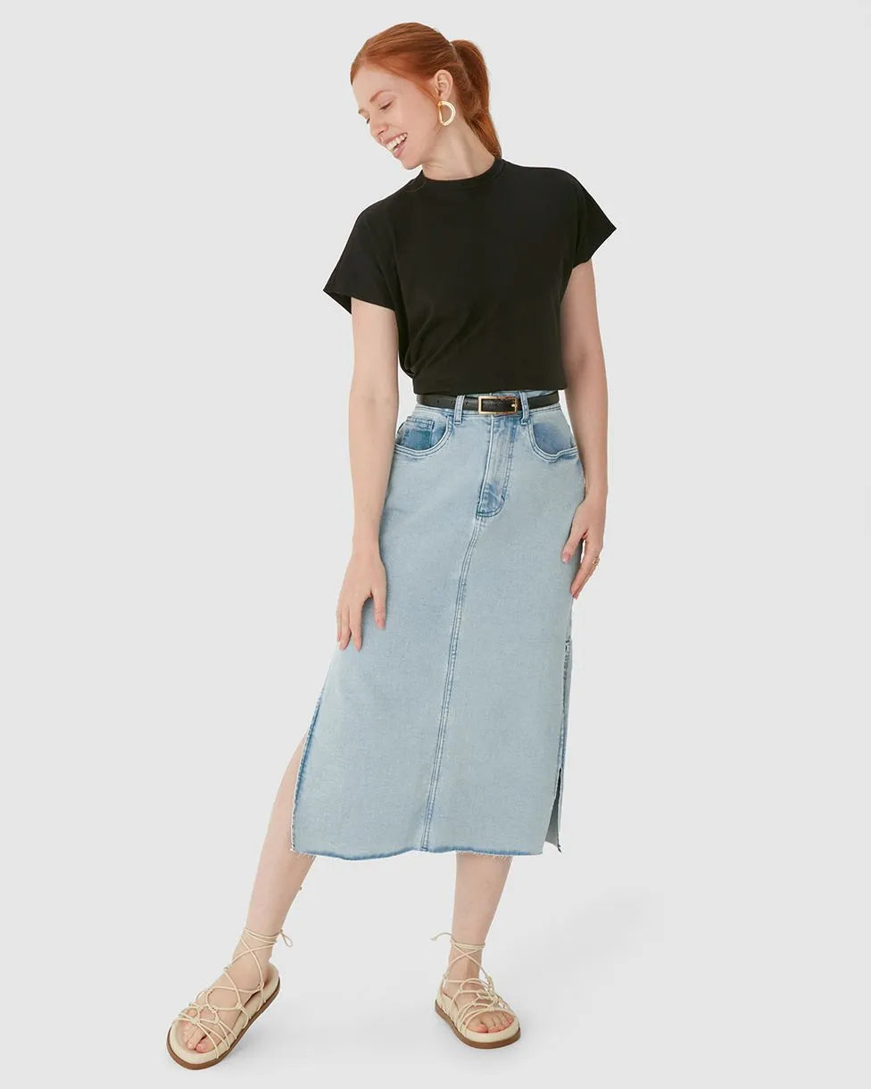 Saia Jeans Midi Com Fenda Lateral Malwee -