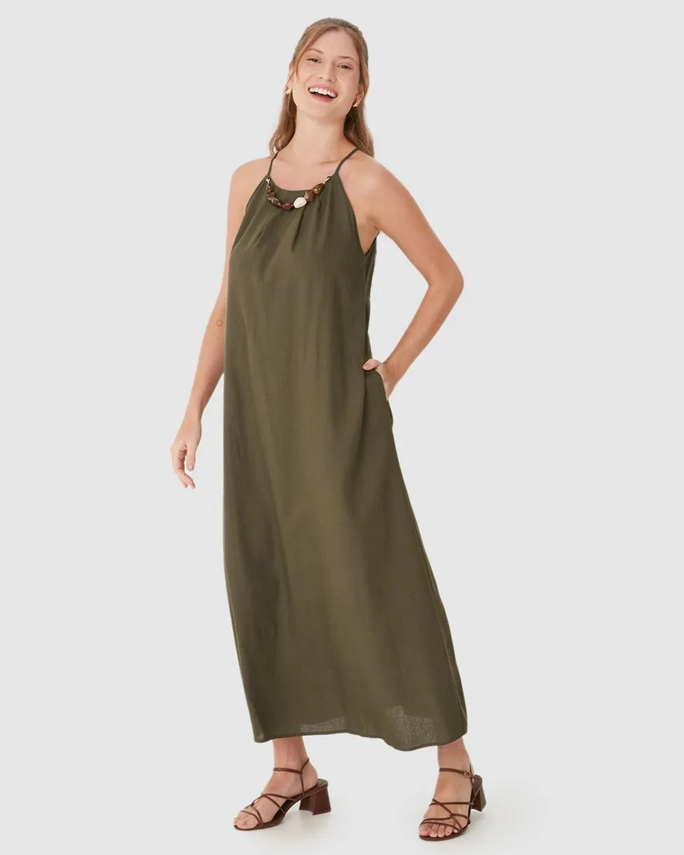 Vestido Midi Evasê com Colar Pedrarias Removível Em Viscolinho- 127666
