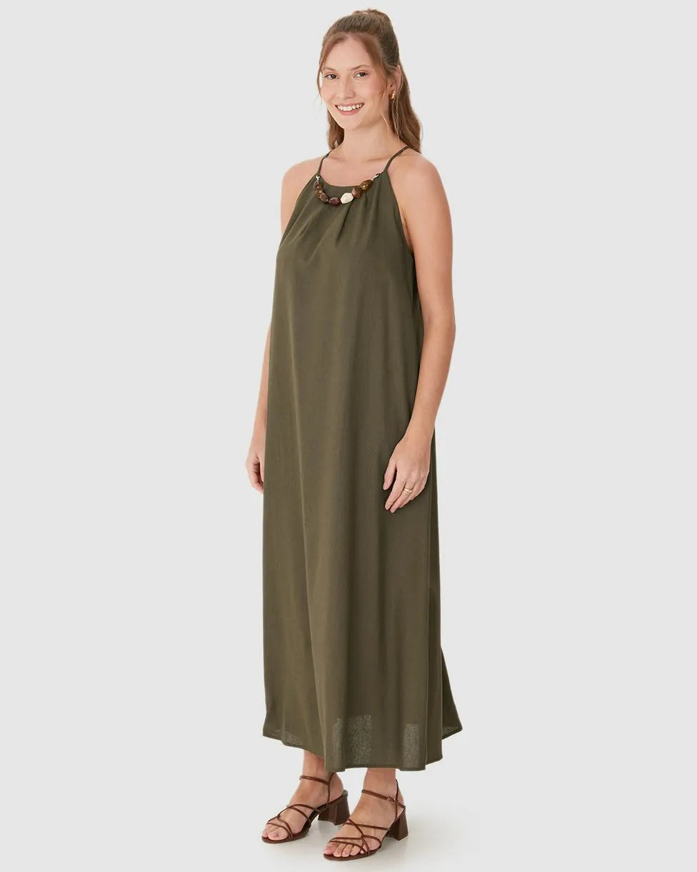Vestido Midi Evasê com Colar Pedrarias Removível Em Viscolinho- 127666