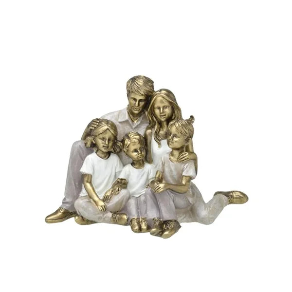 Escultura Decorativa Família Casal Com 2 Meninos e 1 Menina Dourado