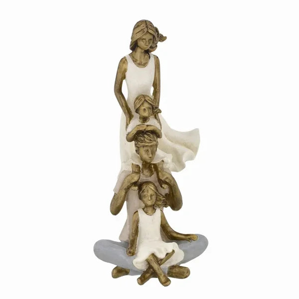 Escultura Decorativa Família Com Duas Meninas Branco Com Dourado