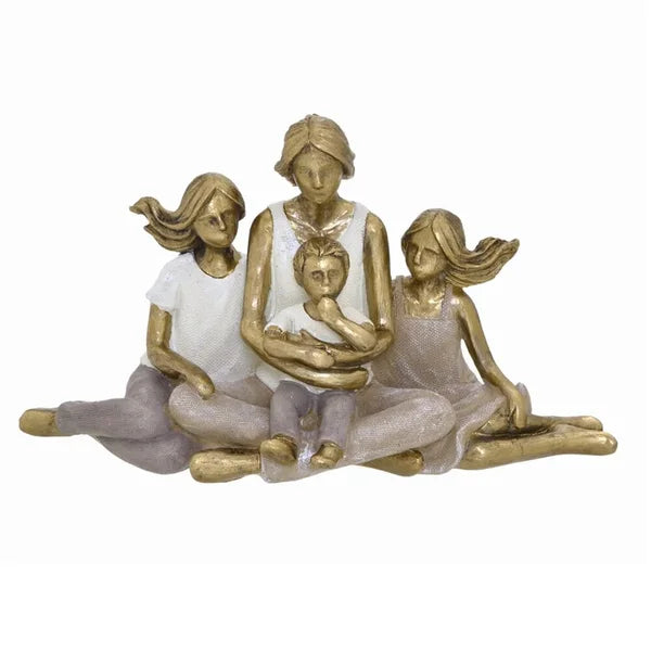 Escultura Mãe Com Duas Meninas E Um Menino Dourado