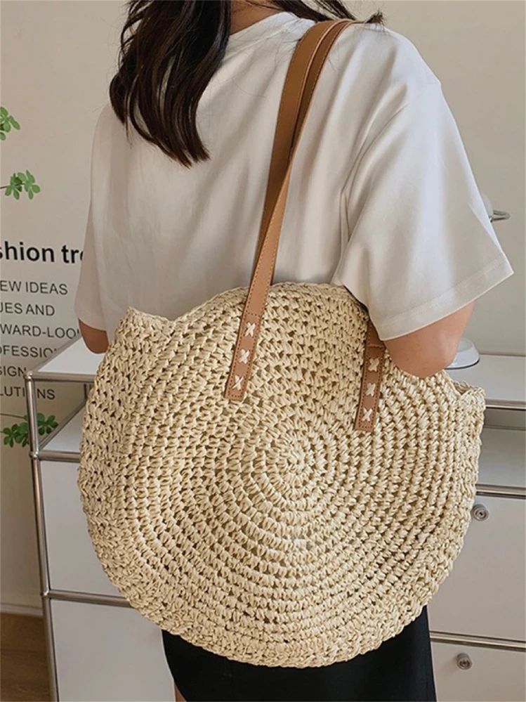 Bolsa Palha Minimalista com Alças de Couro