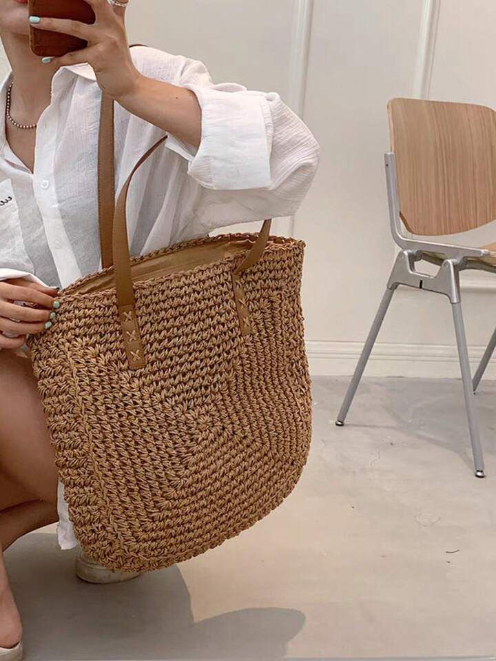 Bolsa Saco Minimalista Em palha Com Alças de Couro Sintético