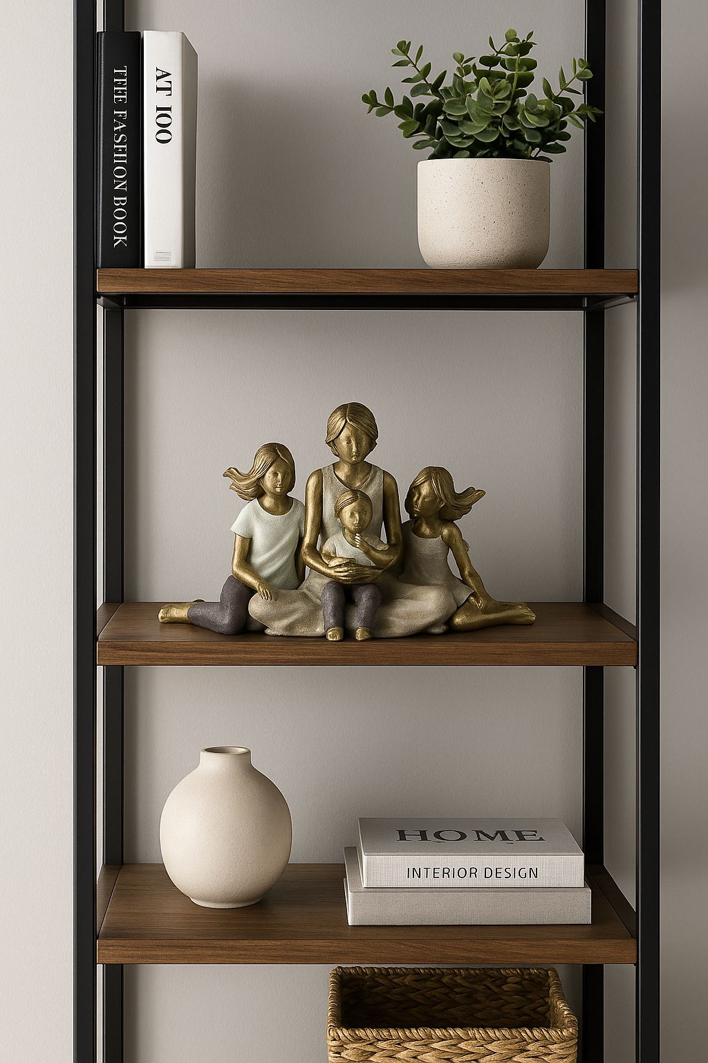 Escultura Mãe Com Duas Meninas E Um Menino Dourado
