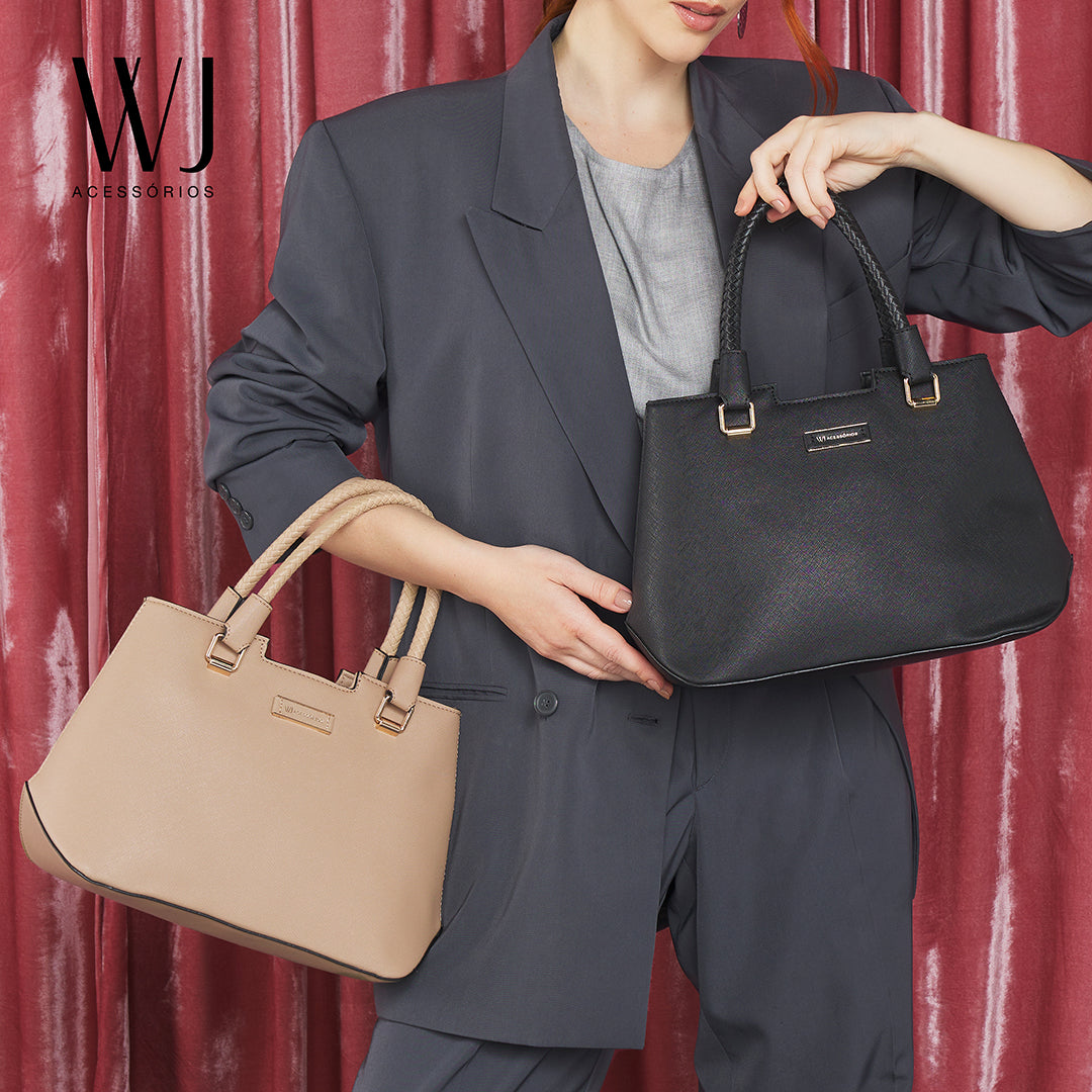 Bolsa Preta Satchel Grande Com Base Estruturada E Alca Rolete Tresse-WJ Acessórios- 46105