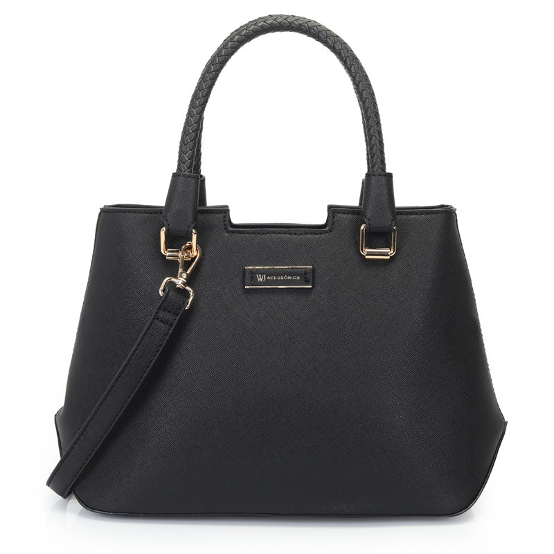 Bolsa Preta Satchel Grande Com Base Estruturada E Alca Rolete Tresse-WJ Acessórios- 46105