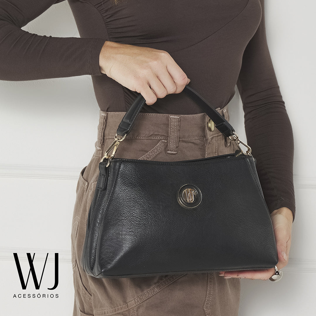 Shoulder Bag Media Preta Com Compartimentos E Metal Encapado- WJ Acessórios- 46146