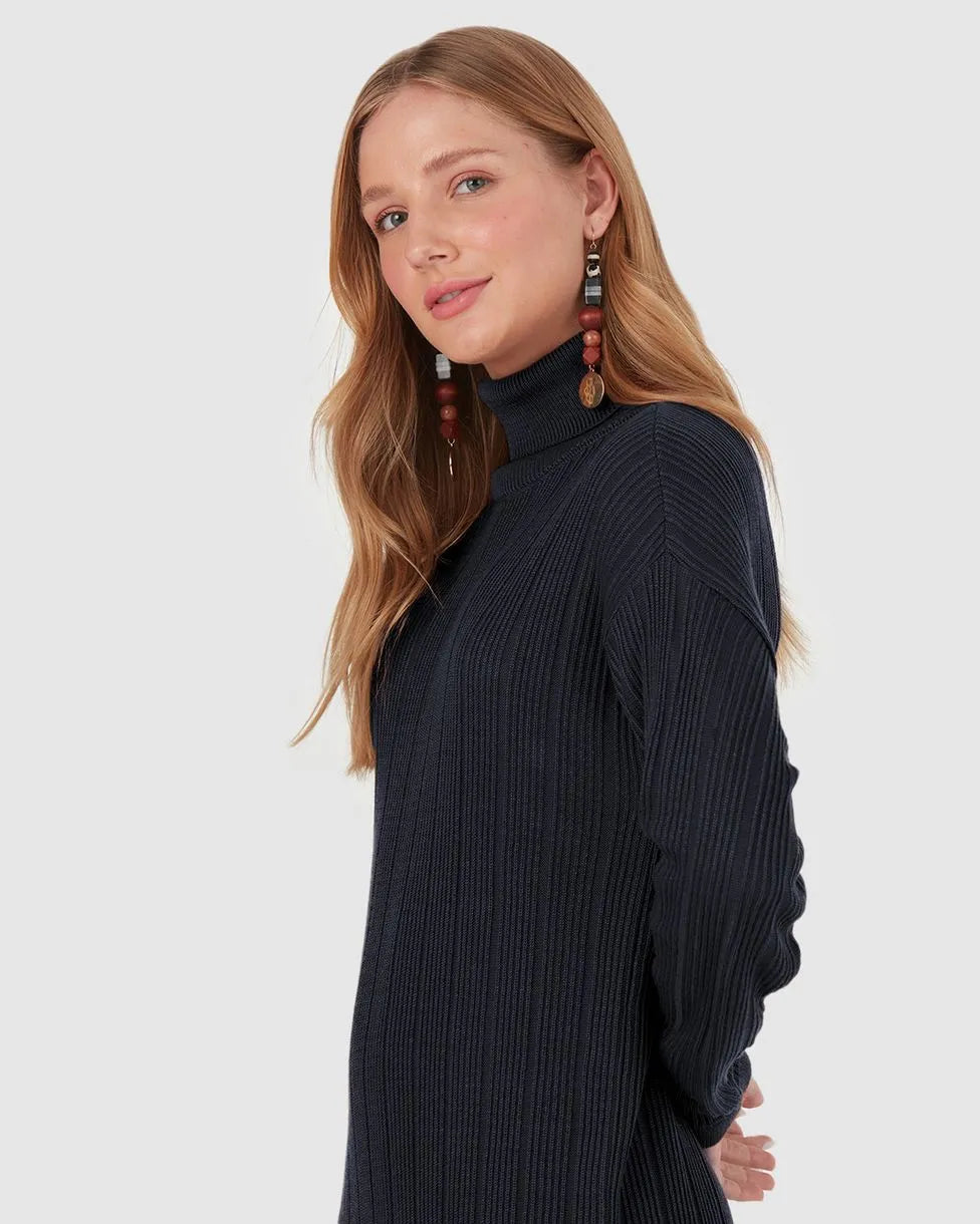 Vestido Amplo Feminino Gola Alta Em Tricô Canelado -Malwee- 103720