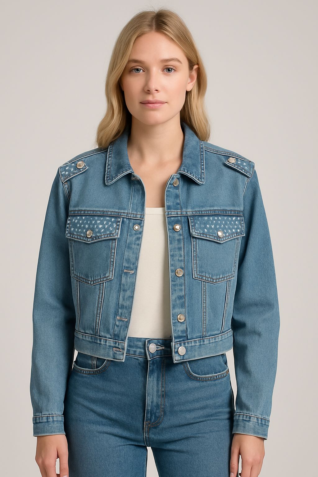 Jaqueta Jeans Feminina Retrô Cropped com Aplicação de strass- DENIMZERO- DZ9225