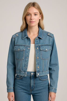 Jaqueta Jeans Feminina Retrô Cropped com Aplicação de strass- DENIMZERO- DZ9225