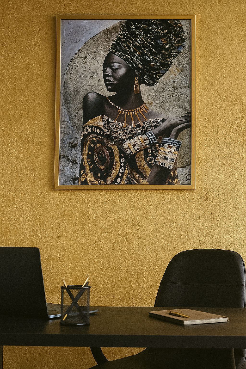 Quadro Decorativo Mulher Negra com Joias douradas