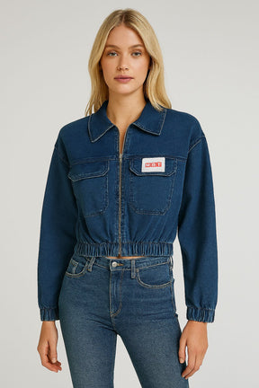 Jaqueta Jeans Feminina Cropped Lavagem escura - MY TREND- 8660