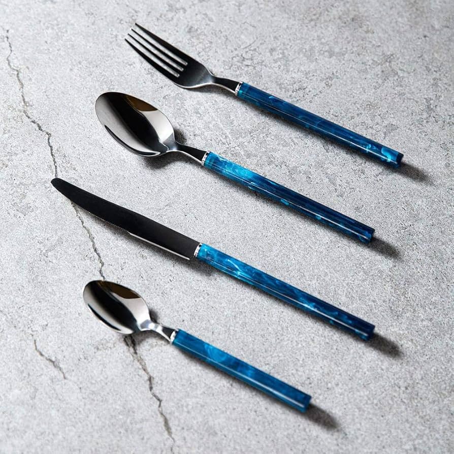 Faqueiro Mediterrâeneo 16 Peças em Aço Inox com Resina Azul Oxford