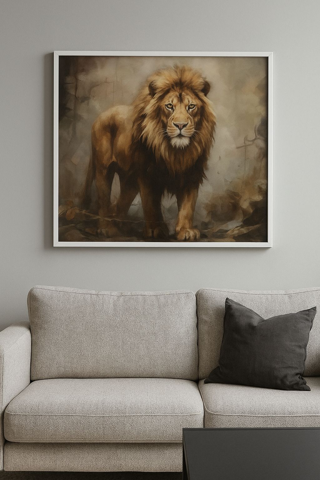 Quadro Leão com Moldura de MDF branca