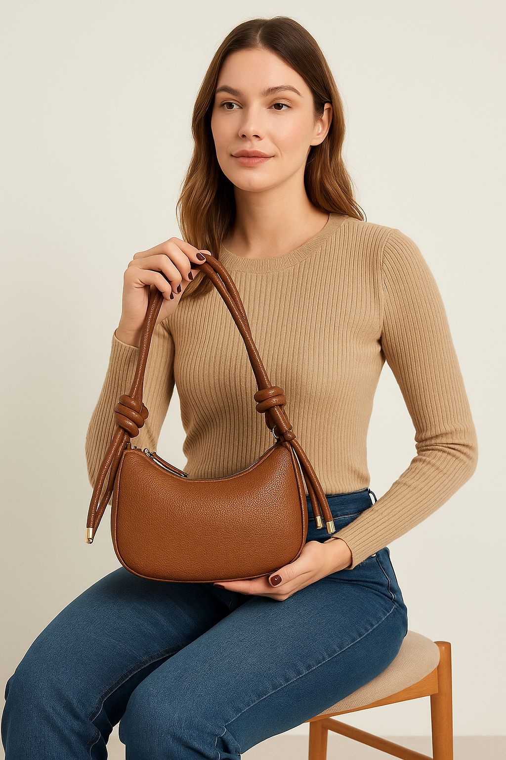 Bolsa Baguete Marrom Media com detalhe trançado