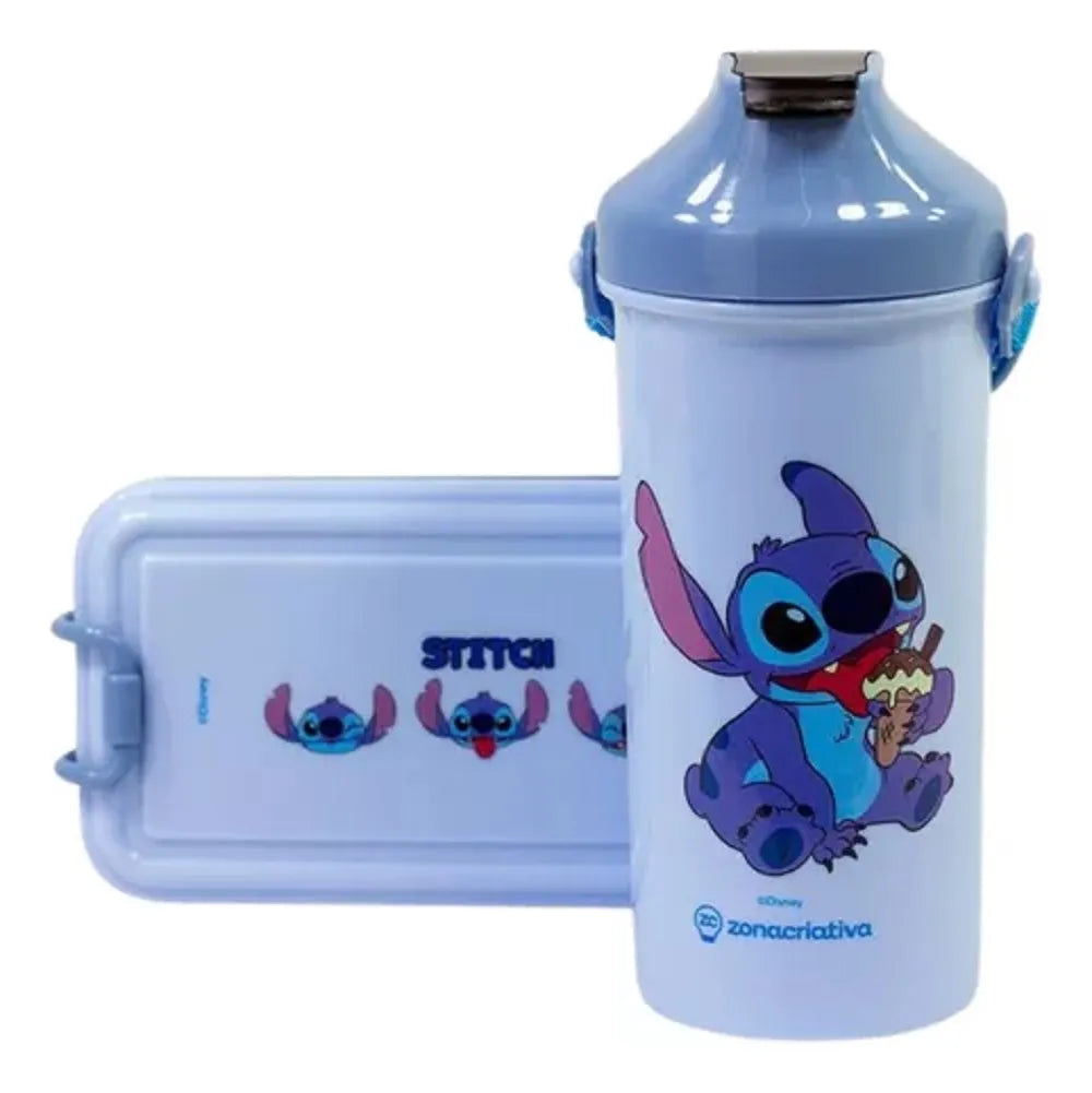 Kit Lancheira Marmita Infantil com Garrafa e Talher Stitch