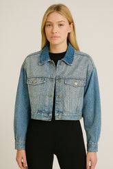 Jaqueta Jeans Feminina Retrô Cropped com brilhos -DENIMZERO- DZ9192