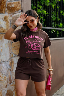 Cropped Estonado Marrom Café Croissant - 339