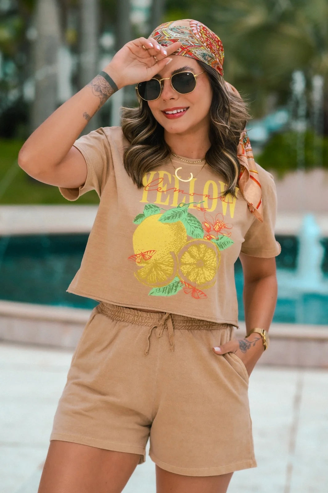 Cropped Estonado Camel Limão - 339