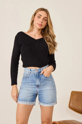 Bermuda Jeans Feminina Retrô Meia Coxa com Cintura Alta DZ4114