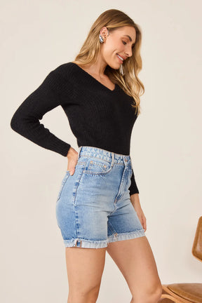 Bermuda Jeans Feminina Retrô Meia Coxa com Cintura Alta DZ4114