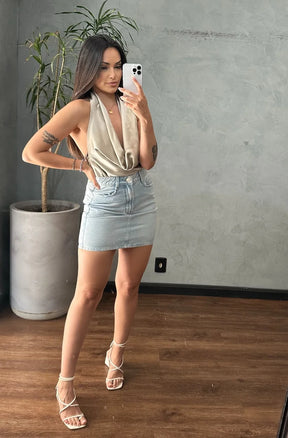 Saia Jeans Feminina Regular Curta com Cintura Alta DZ7333