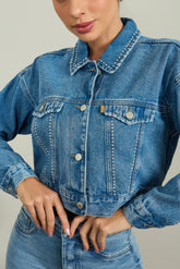 Jaqueta Jeans Feminina Retrô Cropped com Aplicação de Taxas - DZ9227