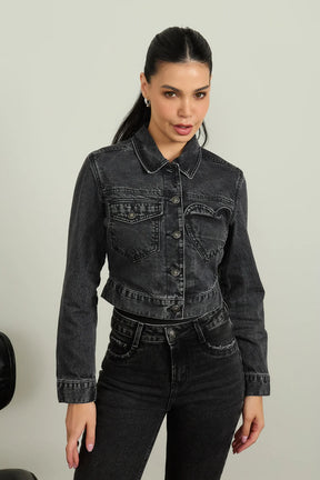 Jaqueta Jeans Regular Cropped com Recorte de Coração - DZ9228