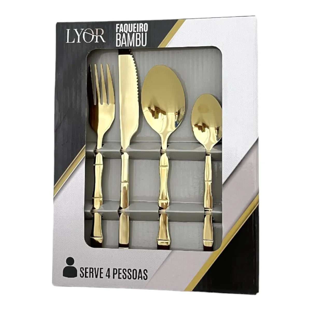Faqueiro 16 Peças Elegant Champanhe Lyor Aço Inox Dourado Bambu Mesa
