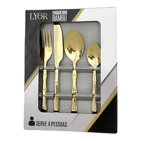 Faqueiro 16 Peças Elegant Champanhe Lyor Aço Inox Dourado Bambu Mesa