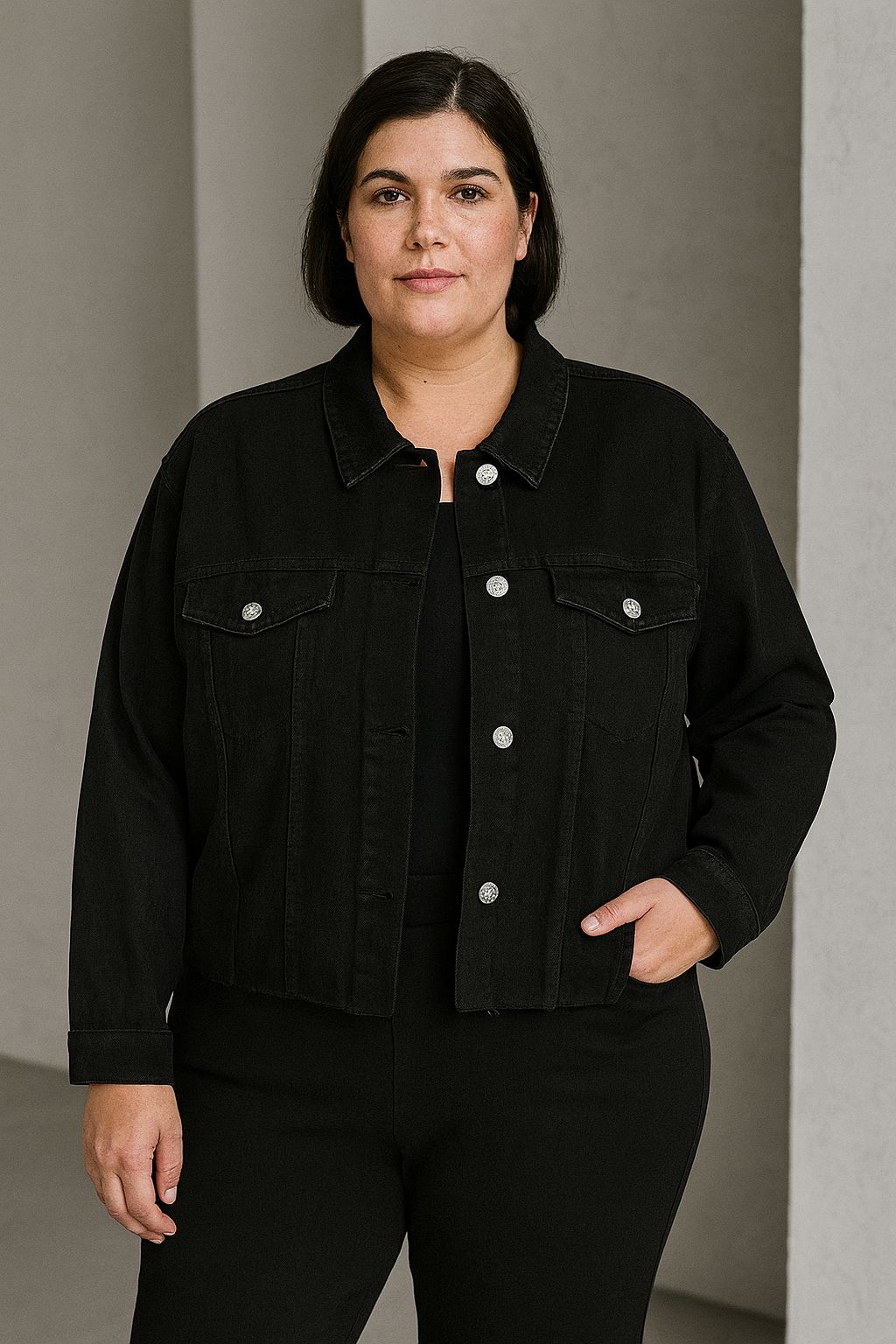 Jaqueta Feminina Jeans Preta Estonada PLUS - STYLOSA- 46164